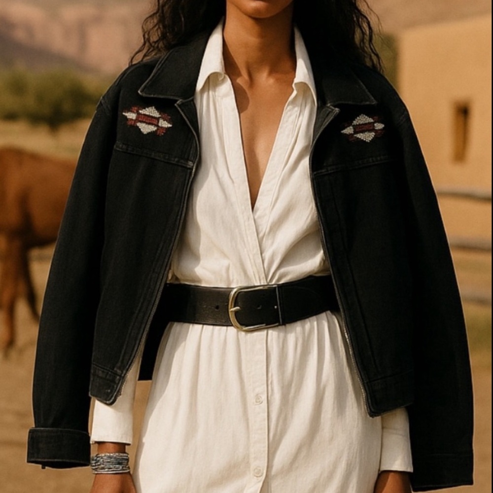 NWT Ralph Lauren Vintage Southwestern Navajo Black  Denim Jacket Beaded Size LP - Picture 10 of 11